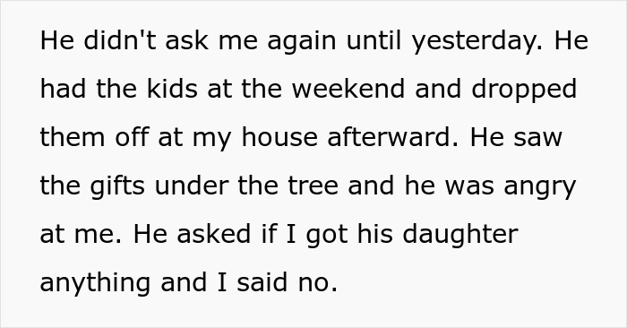 Text snippet discussing feelings about not getting a Christmas gift for an ex's affair child. Text snippet discussing feelings about not getting a Christmas gift for an ex's affair child.
