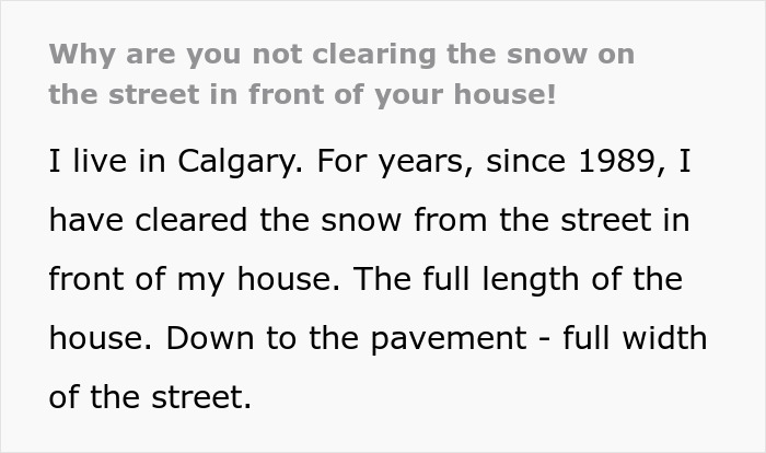 Text block about shoveling snow in front of a house, discussing years of clearing snow in Calgary.