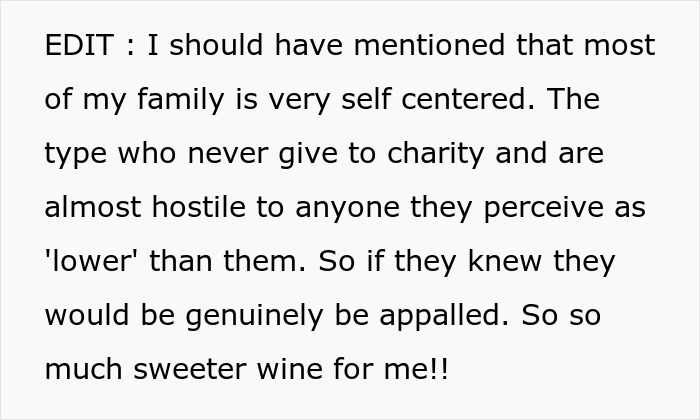 Text about self-centered family not giving to charity, with person feeling satisfied they cleared others' debts. Text about self-centered family not giving to charity, with person feeling satisfied they cleared others' debts.