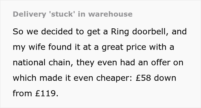 Text snippet about a Ring doorbell order being stuck in delivery, highlighting customer persistence.