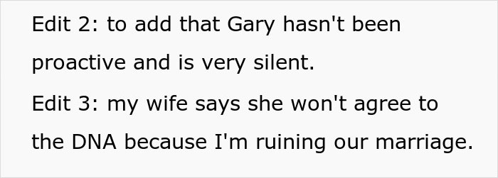 Text discussing husband's frustration over wife's refusal of a paternity test. Text discussing husband's frustration over wife's refusal of a paternity test.