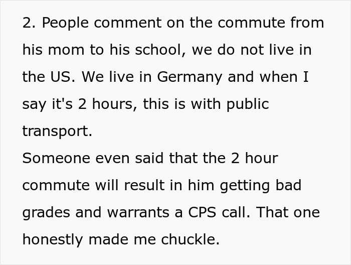 Text excerpt discussing commute challenges for a teenager in Germany using public transport.