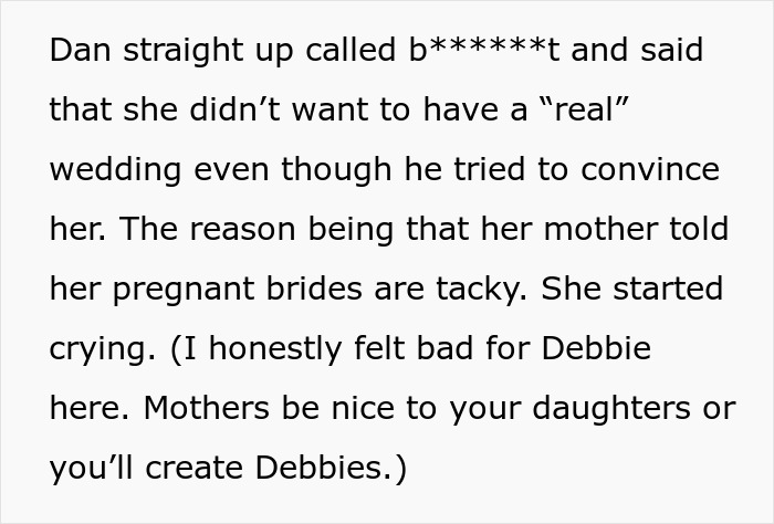 Text about a groom asking his bride not to wear a white wedding dress to make his mother comfortable.