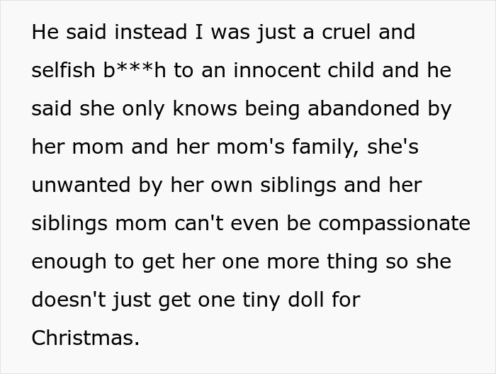 Text discussing not buying a Christmas gift for an ex's child, highlighting themes of abandonment and compassion. Text discussing not buying a Christmas gift for an ex's child, highlighting themes of abandonment and compassion.