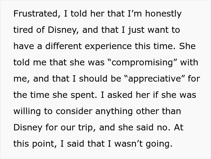 Text excerpt discussing a man's frustration over frequent Disney trips and suggesting Hawaii for a different vacation experience.