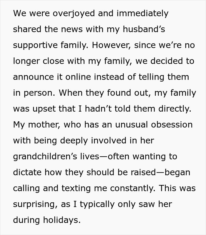 Text revealing a pregnant woman's experience with a conservative mom.