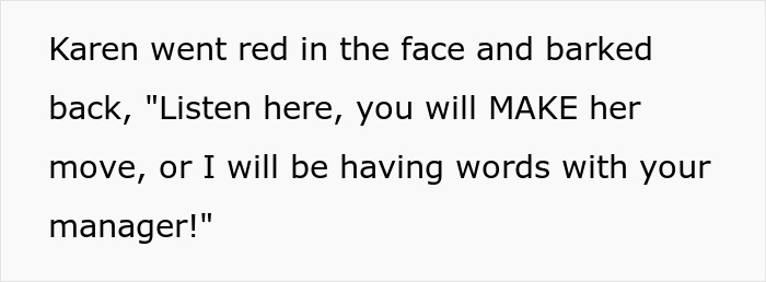 Text image depicting an angry woman's demand for a seat at a shopping mall.