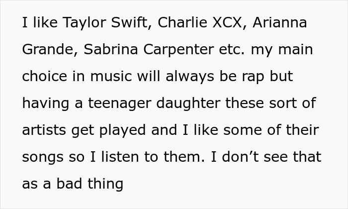 Text discussing liking Taylor Swift and other artists despite a preference for rap. Text discussing liking Taylor Swift and other artists despite a preference for rap.