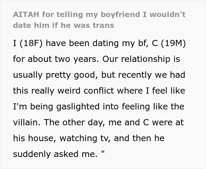 Text discussing a conflict in a two-year relationship over refusing dating if boyfriend was trans.
