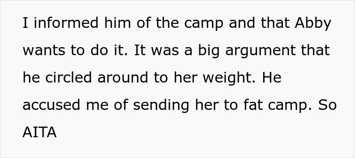 Text discussing an argument about sending a daughter to "fat camp" due to concerns about weight. Text discussing an argument about sending a daughter to "fat camp" due to concerns about weight.