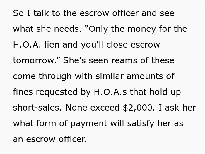Escrow officer discusses HOA lien fees needed to close escrow, highlighting HOA fund strategies with potential fake violations. Escrow officer discusses HOA lien fees needed to close escrow, highlighting HOA fund strategies with potential fake violations.
