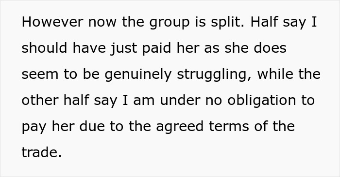 Text image discussing group split over payment obligation for trading services. Text image discussing group split over payment obligation for trading services.