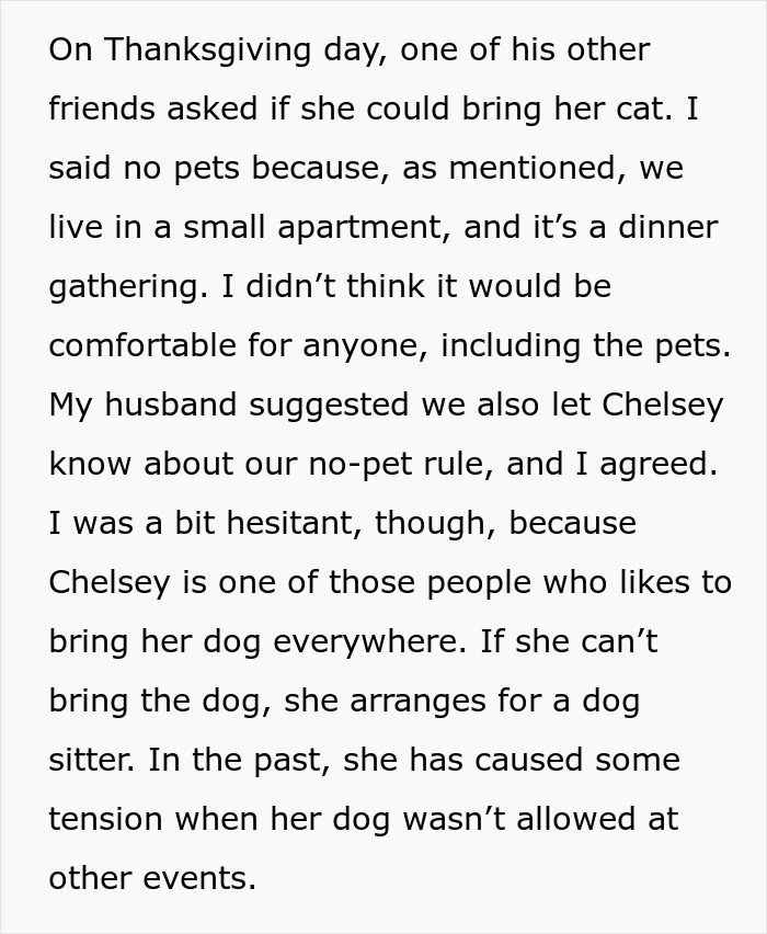 Text on a white background explaining a no-pet rule at a Thanksgiving gathering, mentioning a woman who usually brings her dog. Text on a white background explaining a no-pet rule at a Thanksgiving gathering, mentioning a woman who usually brings her dog.