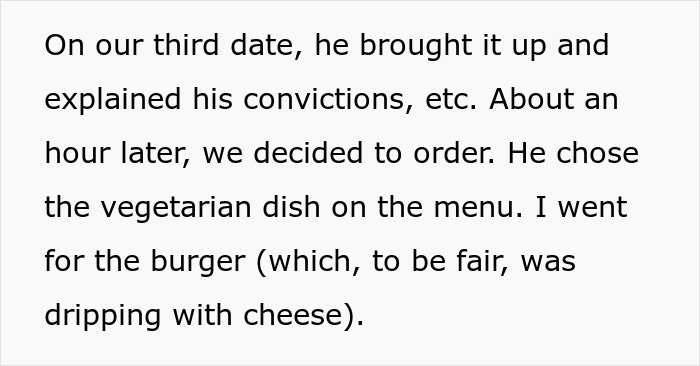 Text conversation describes a date where one orders a burger, highlighting differences in dietary choices.