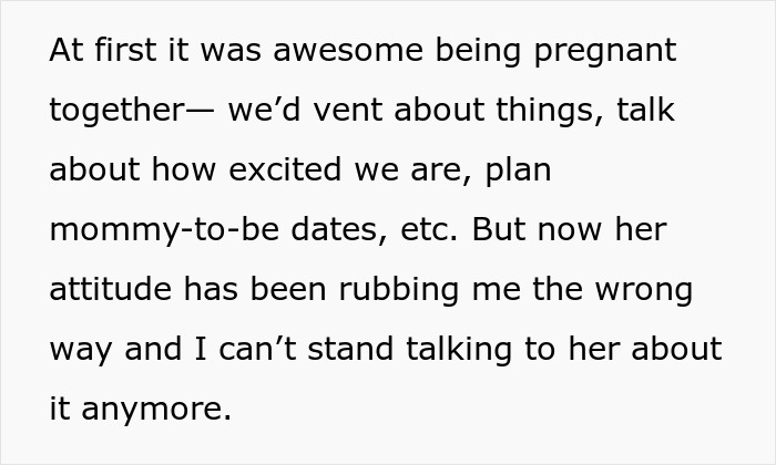 Text discussing a pregnant friend's complaints and changing attitudes, emphasizing growing tension.