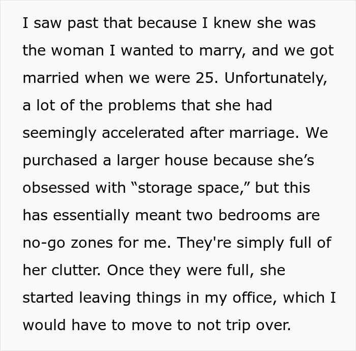 Text describing marriage struggles and storage space issues. Text describing marriage struggles and storage space issues.