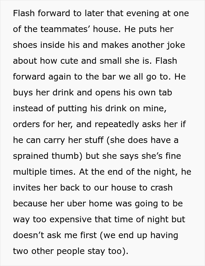 Text discussing someone's fianc&eacute;'s behavior with a female friend at a social gathering.