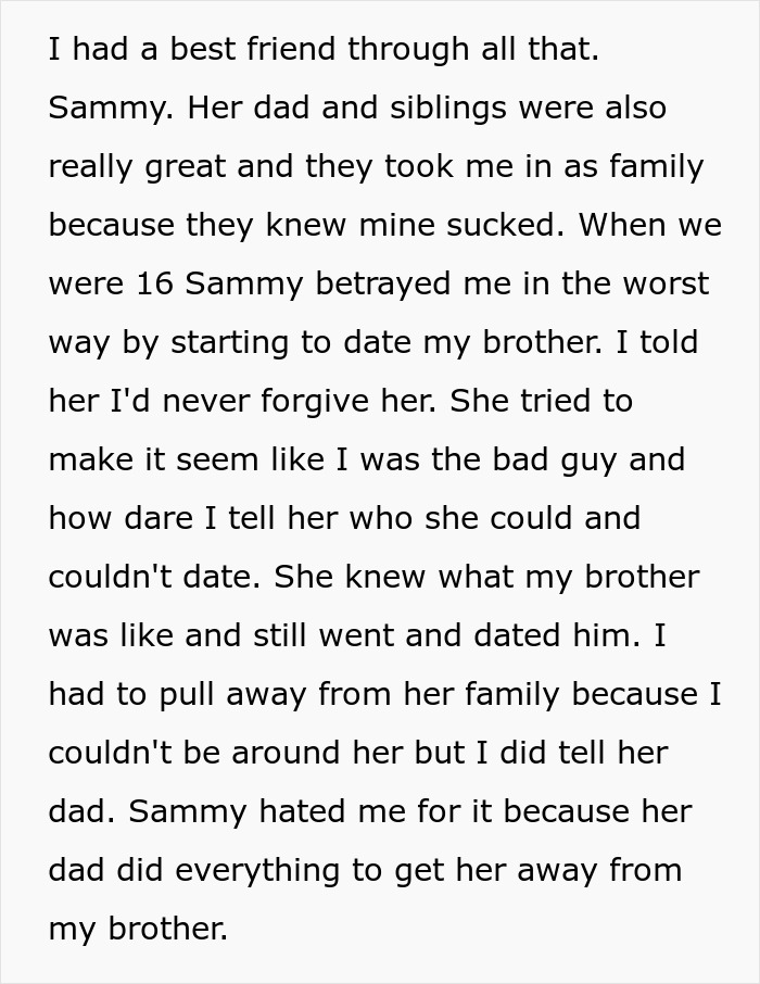 Screenshot of a text about friendship betrayal involving an ex-friend and a brother.