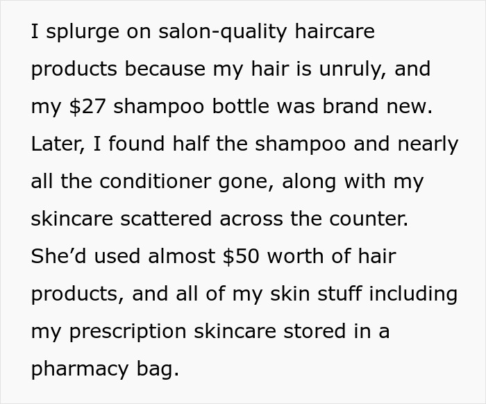 Text detailing teen using SIL's expensive haircare, resulting in product depletion. Text detailing teen using SIL's expensive haircare, resulting in product depletion.