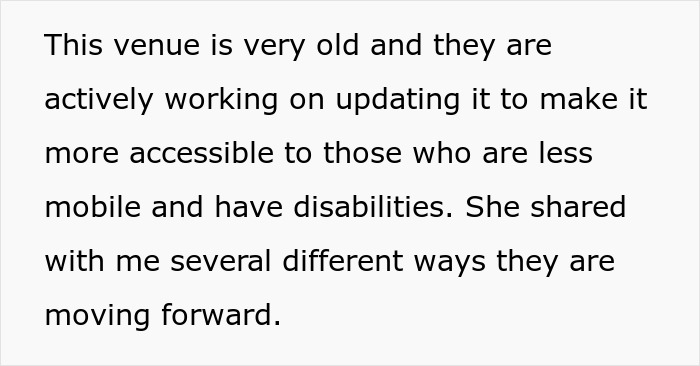 Text discussing venue accessibility updates for less mobile individuals and those with disabilities.