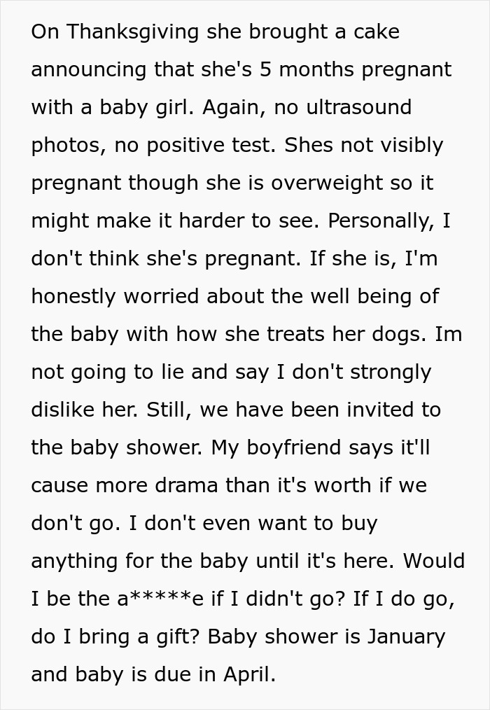 Text discussing doubts about attending a baby shower due to lack of proof of pregnancy. Text discussing doubts about attending a baby shower due to lack of proof of pregnancy.