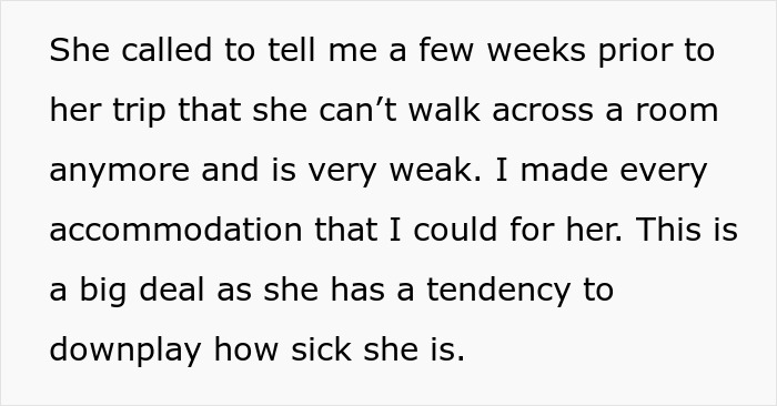 Text message about a woman's declining health and her downplaying her sickness.