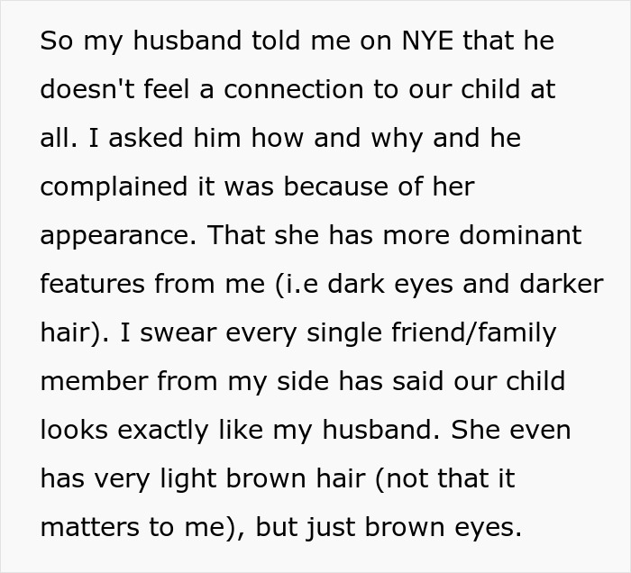 Text discussing a husband's feelings on connecting with his child due to her Asian features.
