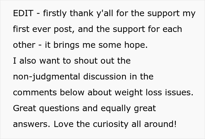 Supportive comments on a social media post addressing fat shaming and weight loss discussions. Supportive comments on a social media post addressing fat shaming and weight loss discussions.