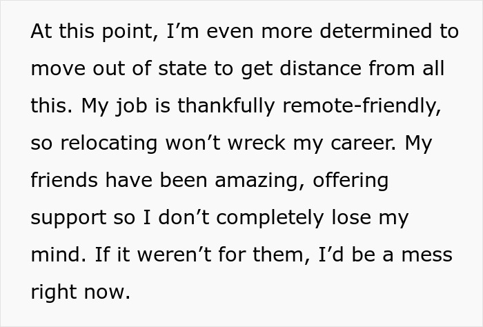 Text image about a woman prioritizing financial protection over helping sister, considering moving for peace.