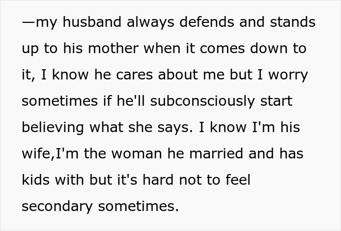 Text discussing woman's feelings on husband's mother's treatment regarding his late crush.