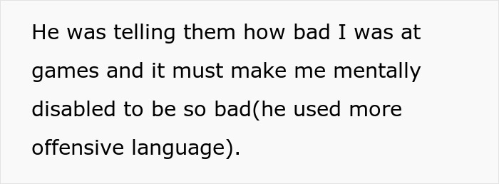 Text on image discussing being bad at games, implying mental disability offensively. Text on image discussing being bad at games, implying mental disability offensively.