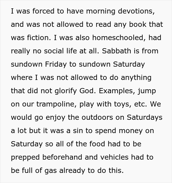 Text describing strict religious upbringing, mentioning homeschooling, restrictions on activities, and Sabbath observance.