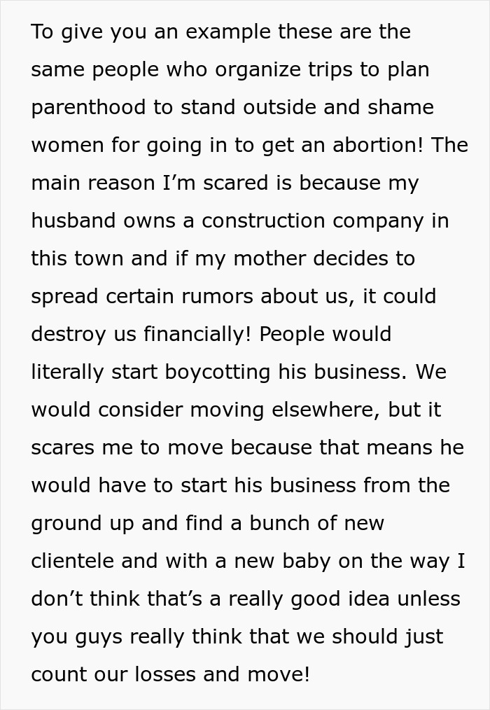 Text describing struggles of a pregnant woman concerned about community judgment.