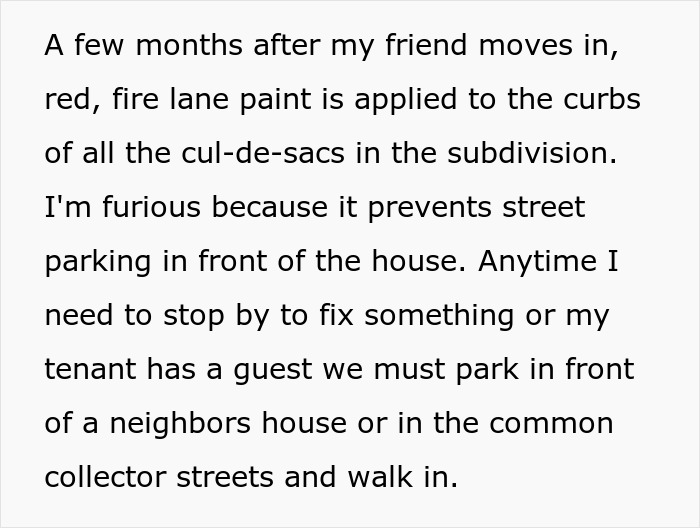 Text describing HOA's actions restricting street parking with fire lane paint in a subdivision, causing homeowner issues. Text describing HOA's actions restricting street parking with fire lane paint in a subdivision, causing homeowner issues.