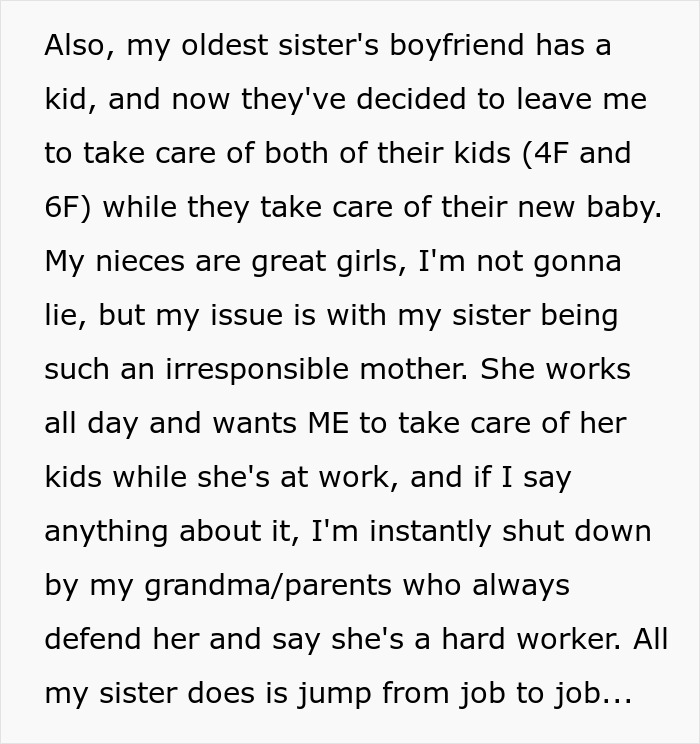 Text describing a teen brother's frustration as a long-time free babysitter for his sister. Text describing a teen brother's frustration as a long-time free babysitter for his sister.