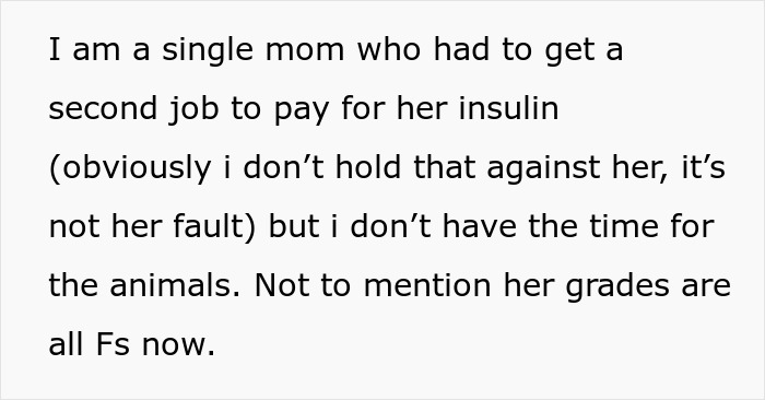 Text from single mom about daughter's disease and chores, highlighting financial and academic struggles.