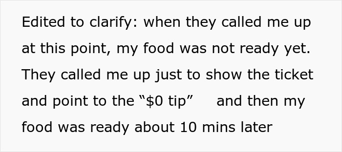 Text about staff shaming a customer over a $0 tip, leading to a delayed food order 10 minutes later.