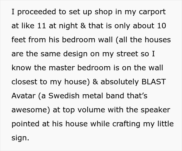 Text description of a woman's revenge plan against a neighbor, involving loud music at night. Text description of a woman's revenge plan against a neighbor, involving loud music at night.