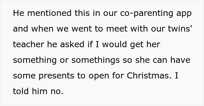 Text about a co-parenting conversation involving gifts for an affair child during Christmas. Text about a co-parenting conversation involving gifts for an affair child during Christmas.