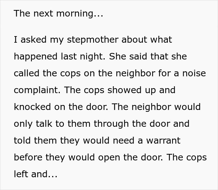 Text describing a noise complaint sequence involving police and a neighbor confrontation.