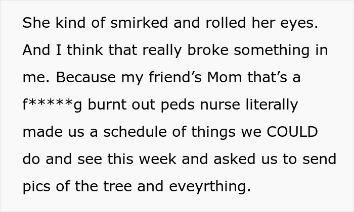 Text expressing mom-relationship-drama, highlighting a friend's mom's gesture amid tense feelings.