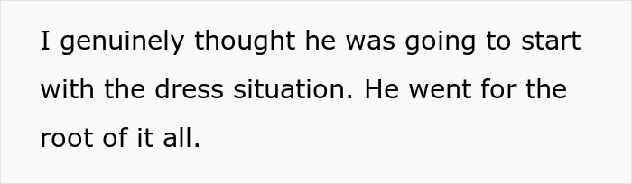 Text expressing surprise about a wedding dress situation involving a fianc&eacute;'s request.