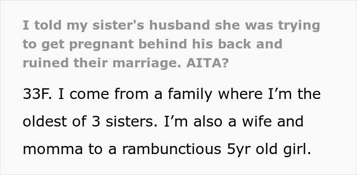 Text discussing a woman trying to get pregnant and issues revealed by sister.