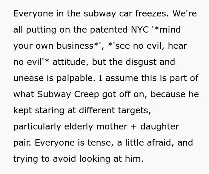 Subway scene with tense passengers avoiding eye contact with a creepy individual, reflecting discomfort and unease.