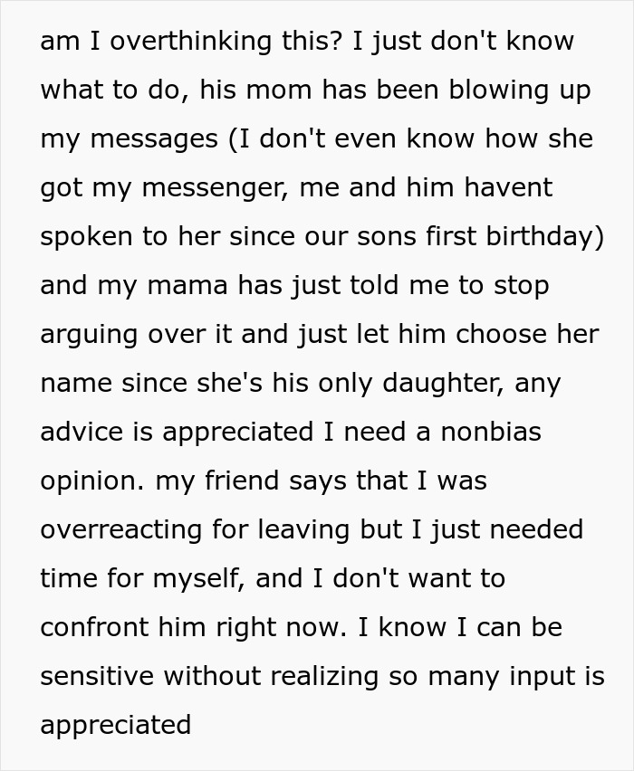 Text image discussing emotional challenges, overthinking, and seeking advice related to poor treatment by MIL.