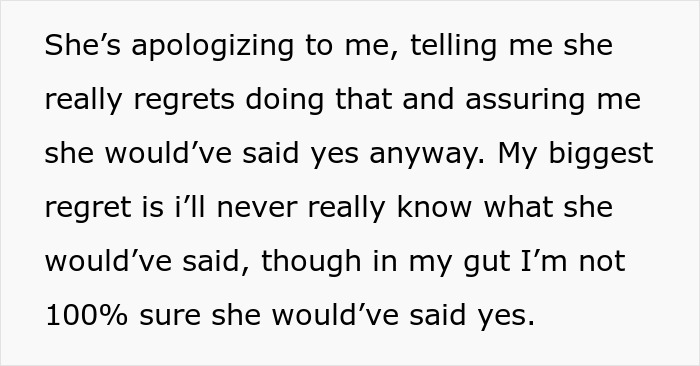 Text on image discussing regret after rejecting a proposal done "the right way.