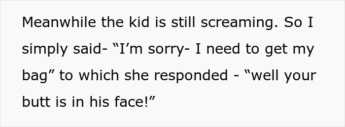 Text discussing a child's tantrum on a plane and a mom's response to a man needing space.