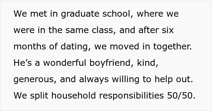 Text describing a couple's relationship from graduate school to moving in together.