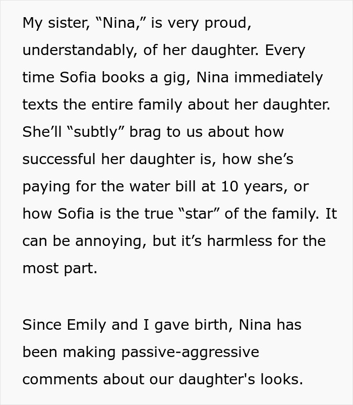 Text exchange about sister's critiques on wife's and baby's looks, mentioning sibling rivalry and family dynamics.