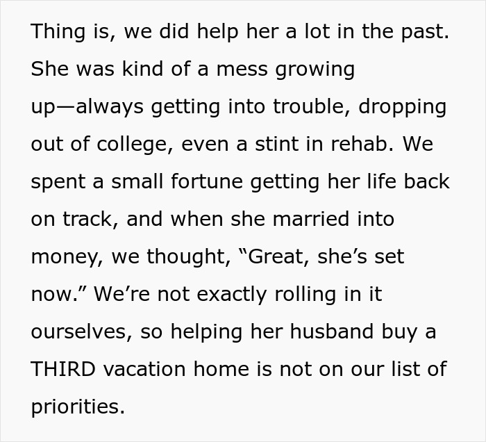 Text snippet about family financial issues; woman has no financial problems but upset about help given to her brother. Text snippet about family financial issues; woman has no financial problems but upset about help given to her brother.